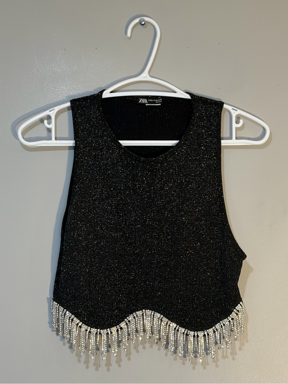 Zara Black Rhinestone Beaded Fringe Crop Top Size M/L - Picture 2 of 7